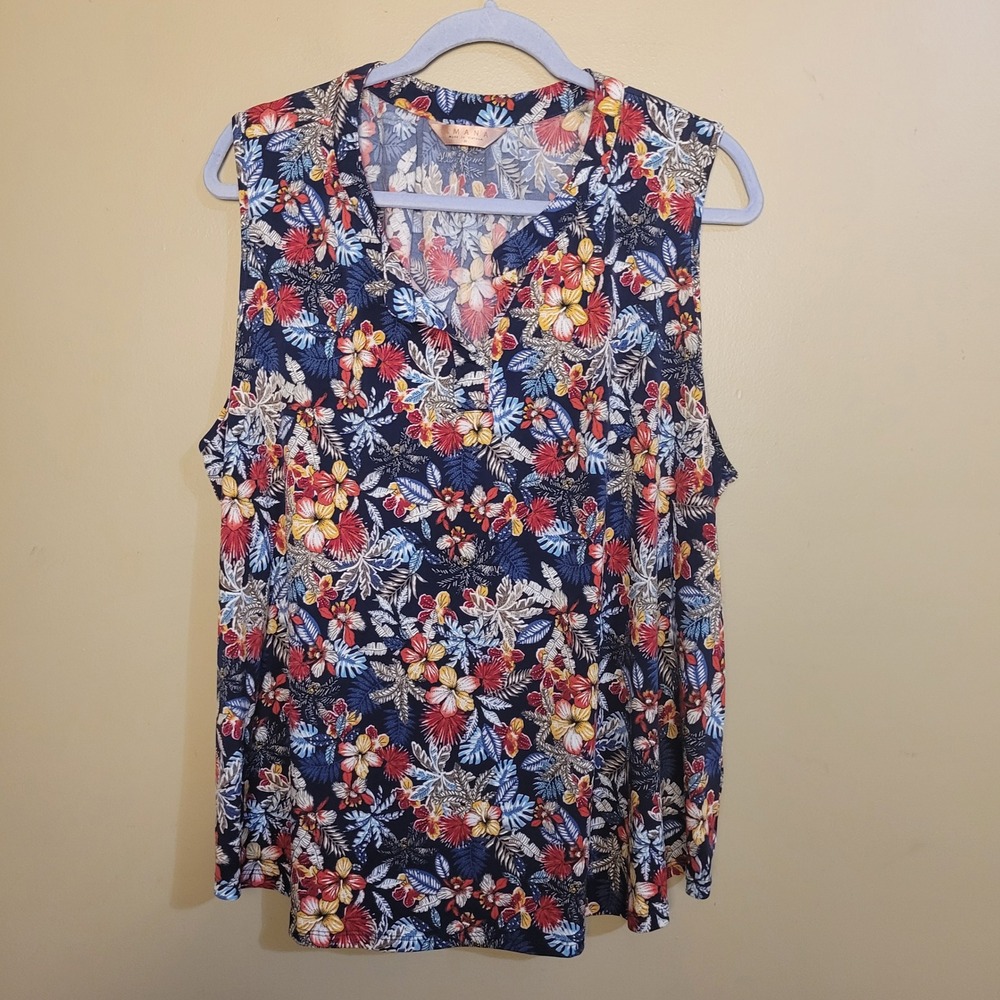 Amana Floral Tank Top Womens 2X Navy Blue Excellent Tropical Split Neck Sleevele